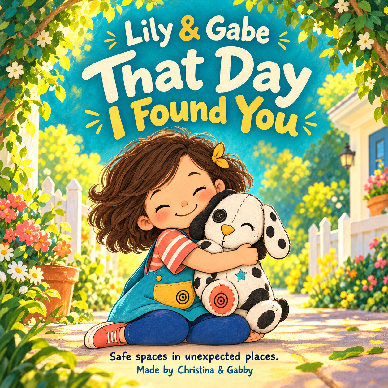 The Lily & Gabe cover: Lily hugs her spotted stuffed dog in a bright, sunny garden.