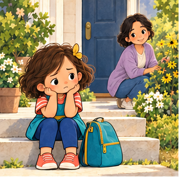 Lily sits on her front step with her backpack, nervous about her first day of school.
